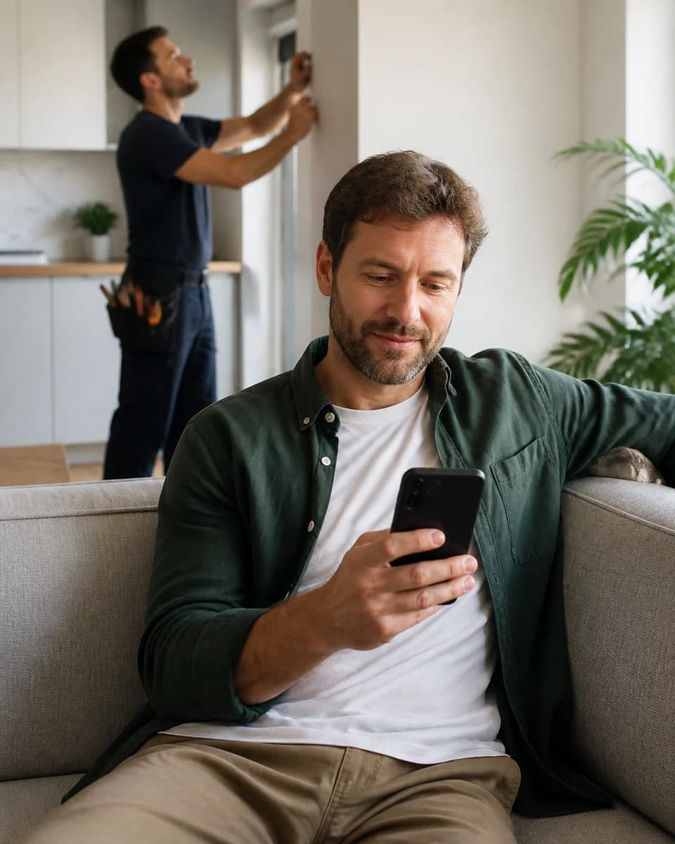 A customer checking service progress on a smartphone