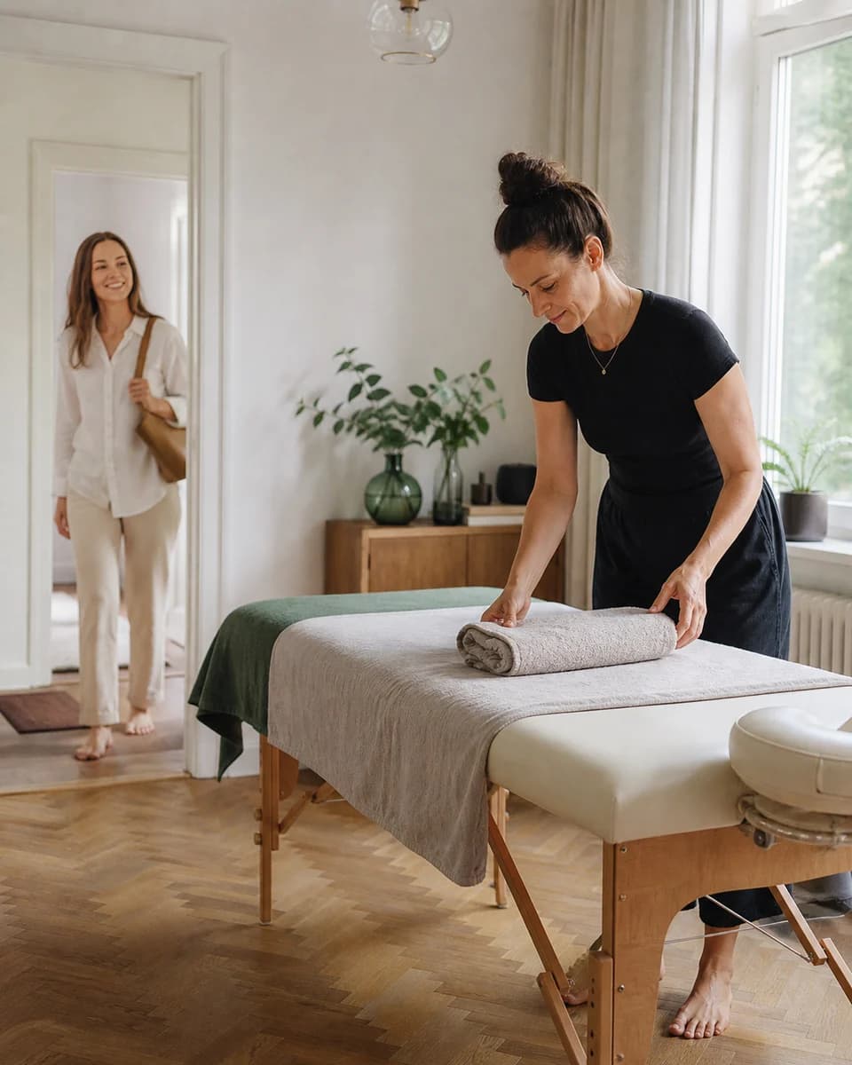 At-home wellness professional preparing a defined service