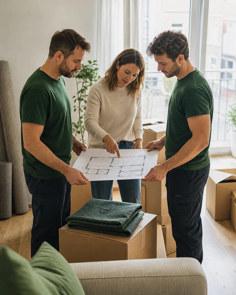 A homeowner and moving professionals planning a larger job