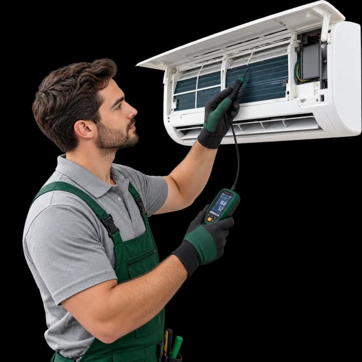 HVAC professional diagnosing a wall-mounted air conditioner