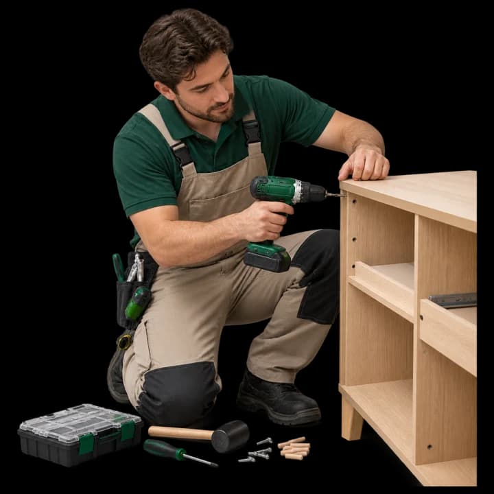 Professional assembling a pale oak cabinet