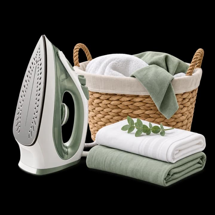 Steam iron, laundry basket and neatly folded linens
