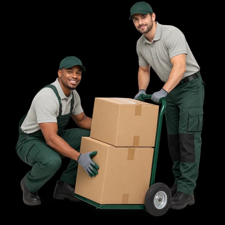 Professional moving team with boxes and a hand trolley