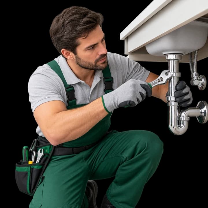 Professional plumber repairing the pipework under a sink